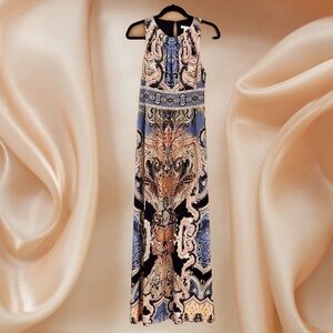 London Times Blue Tan Halter Maxi Sundress